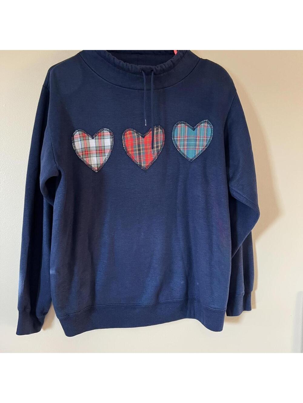 Vintage 90s Sporting Plus Navy Plaid Heart Sweatshirt Women's Size Large
